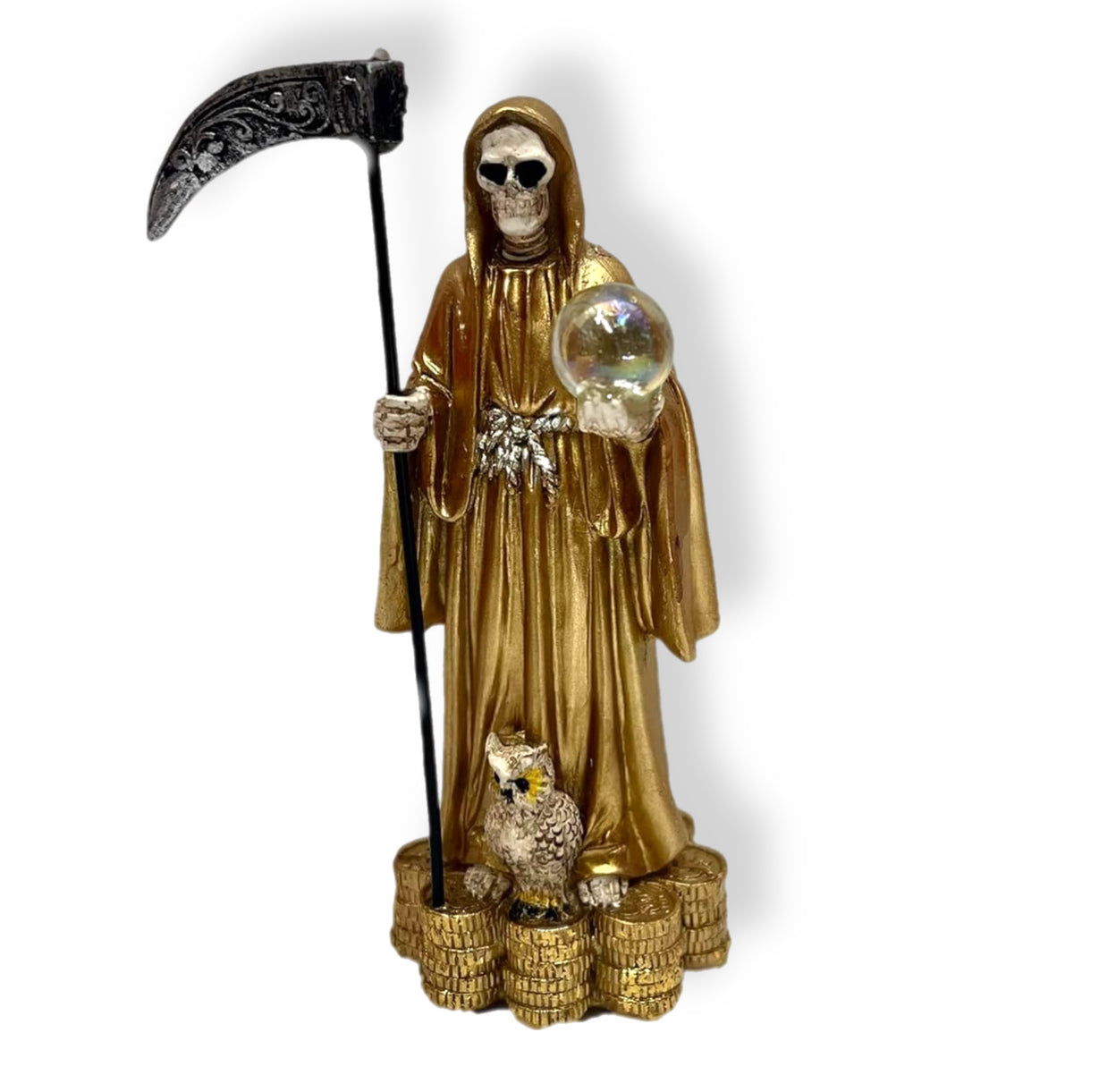 Santa muerte con mundo y búho